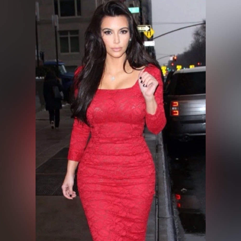 L’Wren Scott 3/4 Sleeve Midi Red Lace BodyCon Dress-EU 40/US 4 Kim Kardashian